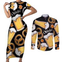 Oktoberfest Couples Matching Short Sleeve Bodycon Dress and Long Sleeve Button Shirt with Beer Mug and Pretzel Illustration Black Festive - Wonder Print Shop