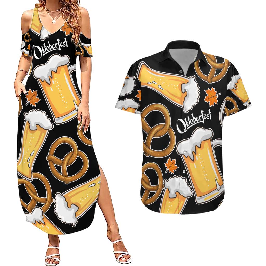 Oktoberfest Couples Matching Summer Maxi Dress and Hawaiian Shirt with Beer Mug and Pretzel Illustration Black Festive - Wonder Print Shop