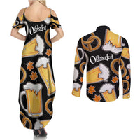 Oktoberfest Couples Matching Summer Maxi Dress and Long Sleeve Button Shirt with Beer Mug and Pretzel Illustration Black Festive - Wonder Print Shop