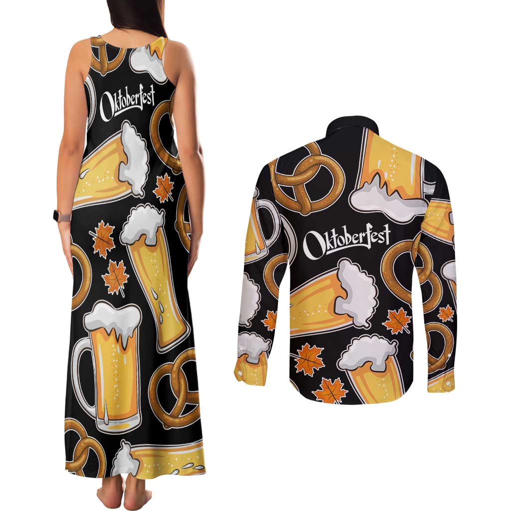 Oktoberfest Couples Matching Tank Maxi Dress and Long Sleeve Button Shirt with Beer Mug and Pretzel Illustration Black Festive - Wonder Print Shop