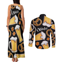 Oktoberfest Couples Matching Tank Maxi Dress and Long Sleeve Button Shirt with Beer Mug and Pretzel Illustration Black Festive - Wonder Print Shop