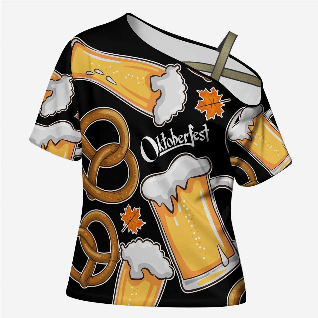 Oktoberfest Cross Shoulder Shirt with Beer Mug and Pretzel Illustration Black Festive - Wonder Print Shop