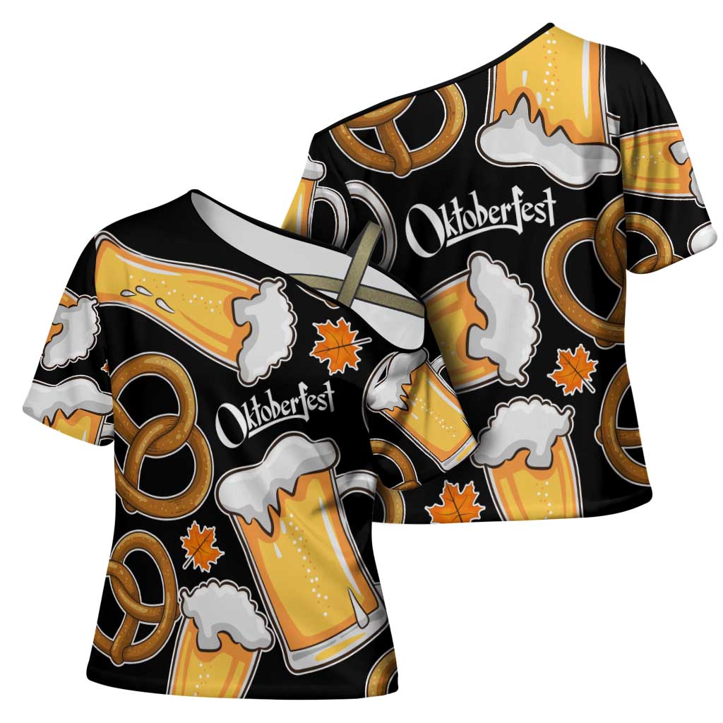 Oktoberfest Cross Shoulder Shirt with Beer Mug and Pretzel Illustration Black Festive - Wonder Print Shop