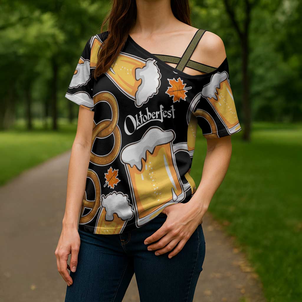 Oktoberfest Cross Shoulder Shirt with Beer Mug and Pretzel Illustration Black Festive - Wonder Print Shop