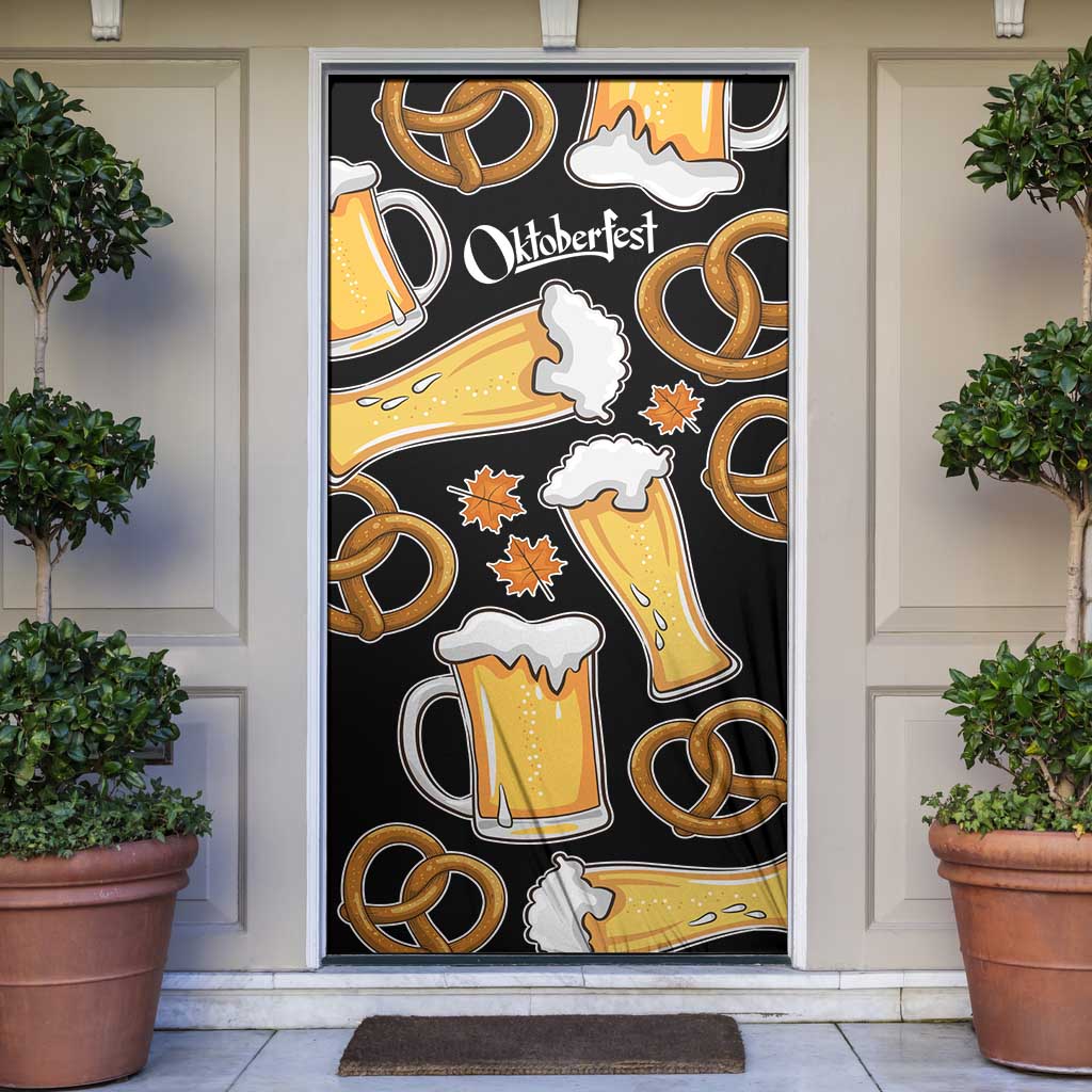 Oktoberfest Door Cover with Beer Mug and Pretzel Illustration Black Festive - Wonder Print Shop