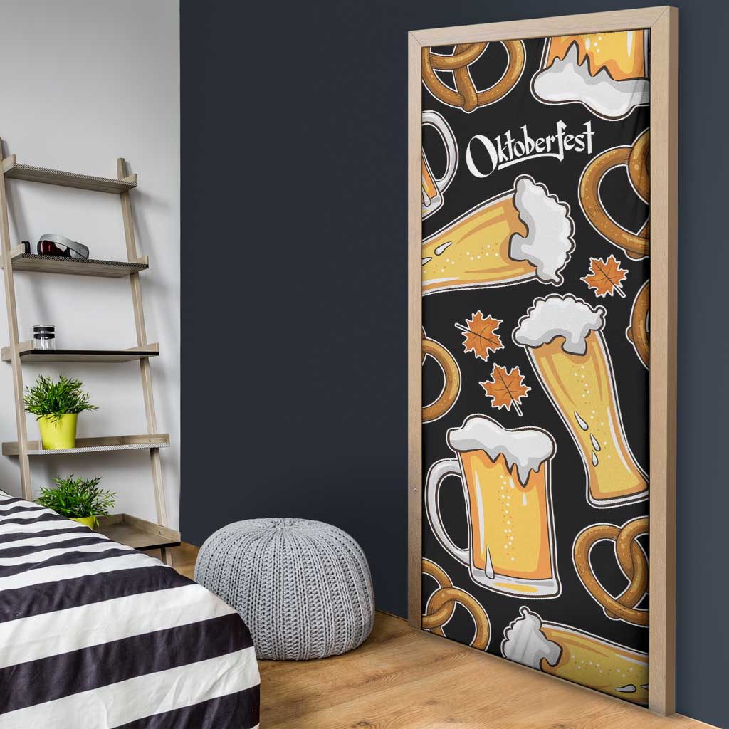 Oktoberfest Door Cover with Beer Mug and Pretzel Illustration Black Festive - Wonder Print Shop