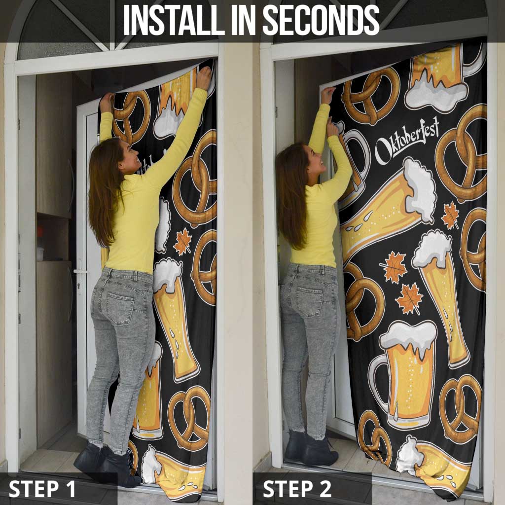 Oktoberfest Door Cover with Beer Mug and Pretzel Illustration Black Festive - Wonder Print Shop