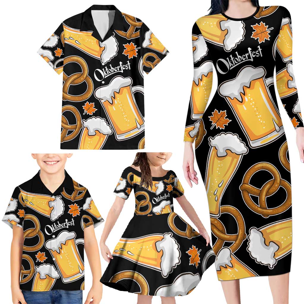 Oktoberfest Family Matching Long Sleeve Bodycon Dress and Hawaiian Shirt with Beer Mug and Pretzel Illustration Black Festive - Wonder Print Shop