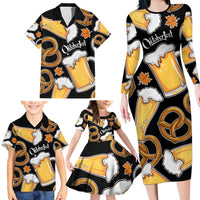 Oktoberfest Family Matching Long Sleeve Bodycon Dress and Hawaiian Shirt with Beer Mug and Pretzel Illustration Black Festive - Wonder Print Shop