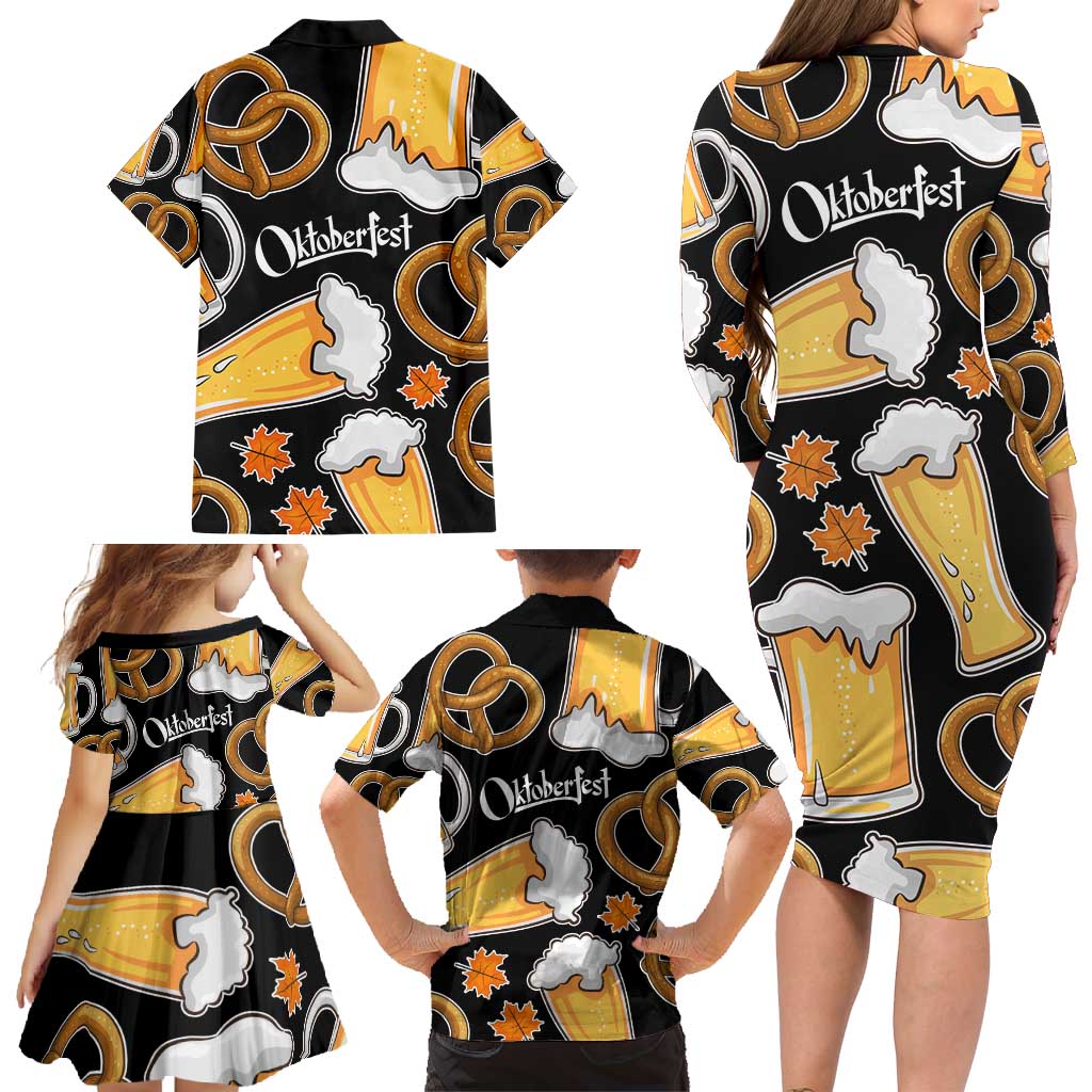 Oktoberfest Family Matching Long Sleeve Bodycon Dress and Hawaiian Shirt with Beer Mug and Pretzel Illustration Black Festive - Wonder Print Shop