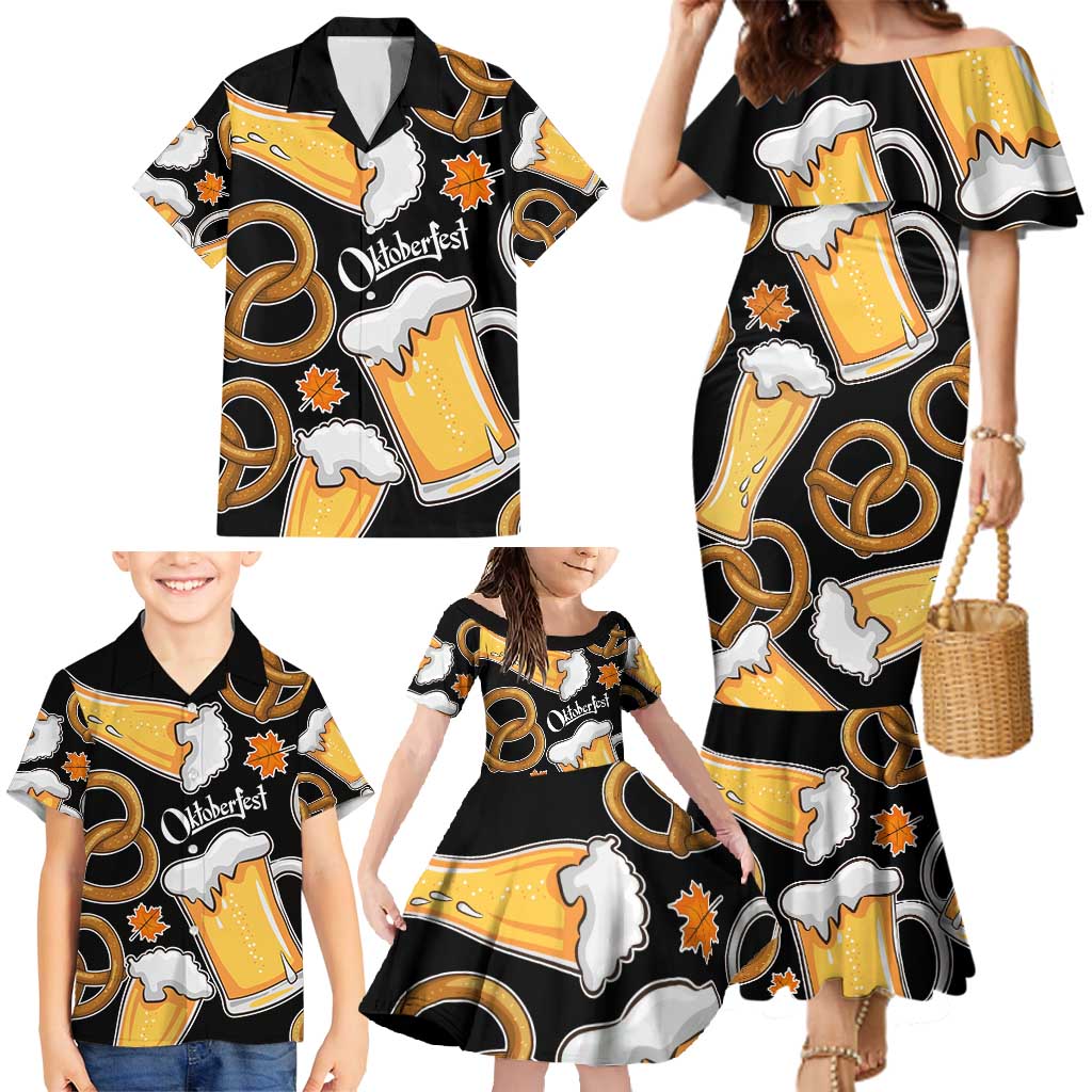 Oktoberfest Family Matching Mermaid Dress and Hawaiian Shirt with Beer Mug and Pretzel Illustration Black Festive - Wonder Print Shop