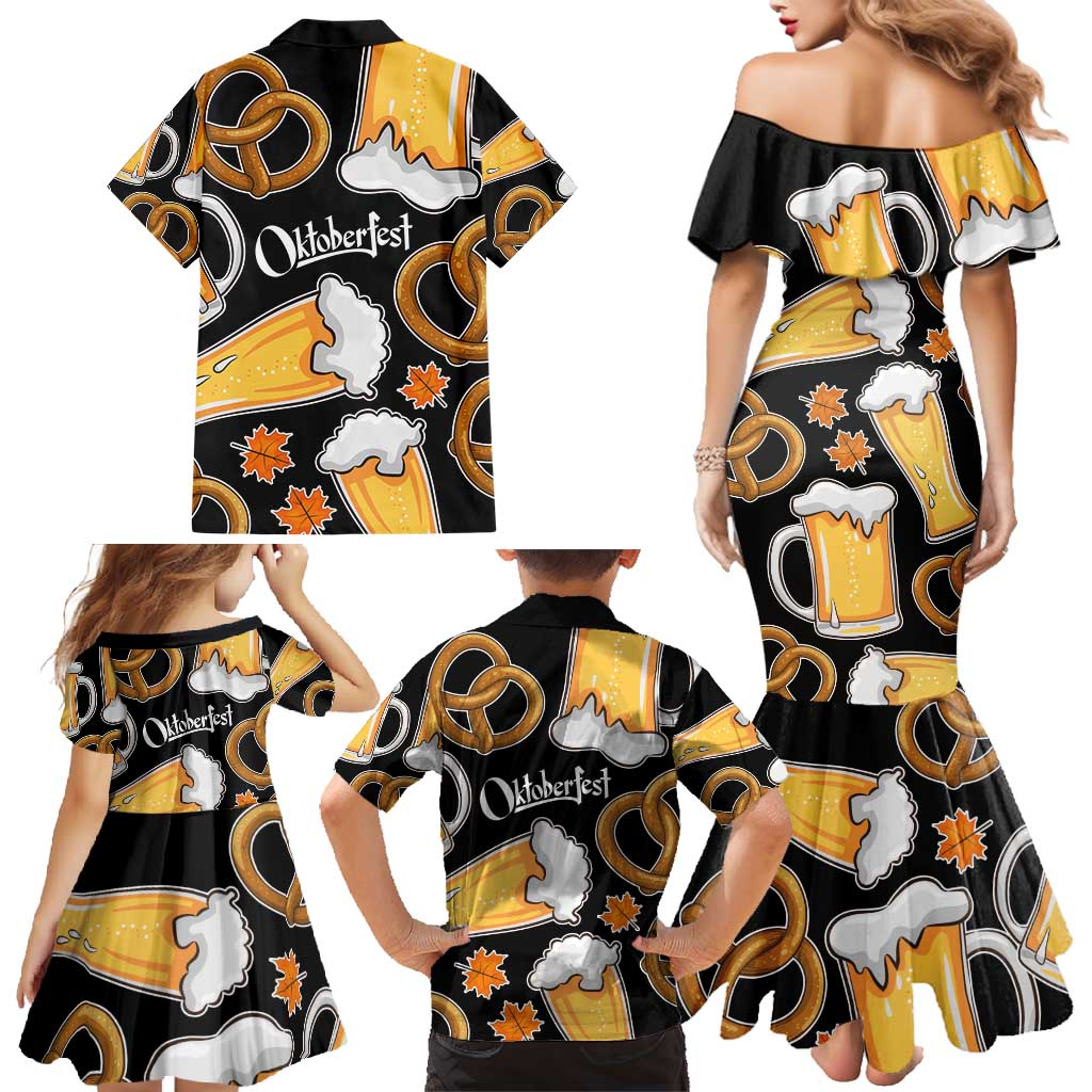 Oktoberfest Family Matching Mermaid Dress and Hawaiian Shirt with Beer Mug and Pretzel Illustration Black Festive - Wonder Print Shop