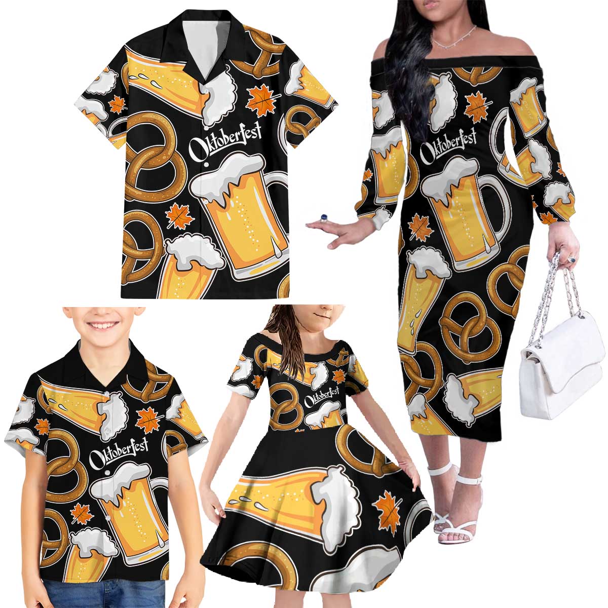 Oktoberfest Family Matching Off The Shoulder Long Sleeve Dress and Hawaiian Shirt with Beer Mug and Pretzel Illustration Black Festive - Wonder Print Shop