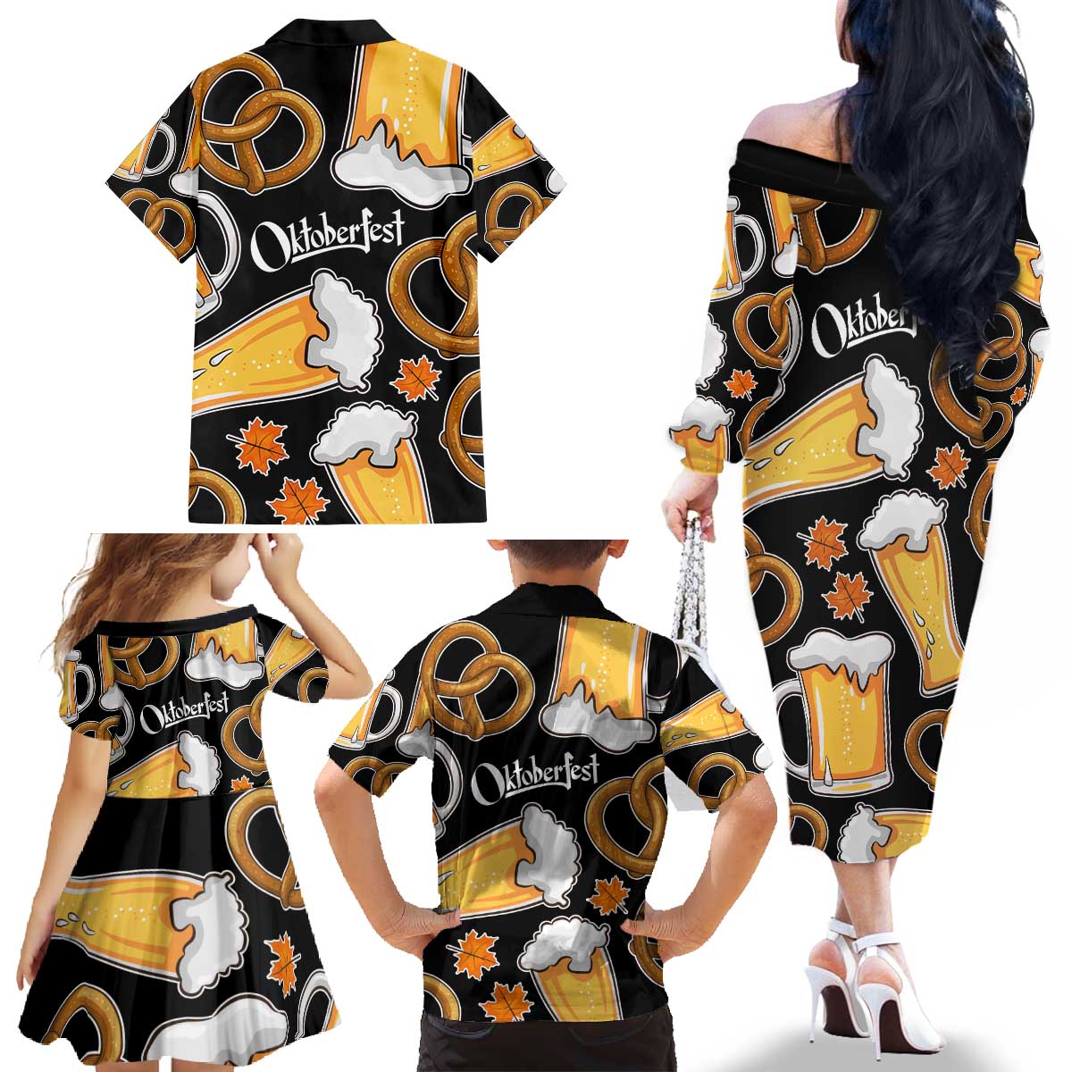 Oktoberfest Family Matching Off The Shoulder Long Sleeve Dress and Hawaiian Shirt with Beer Mug and Pretzel Illustration Black Festive - Wonder Print Shop
