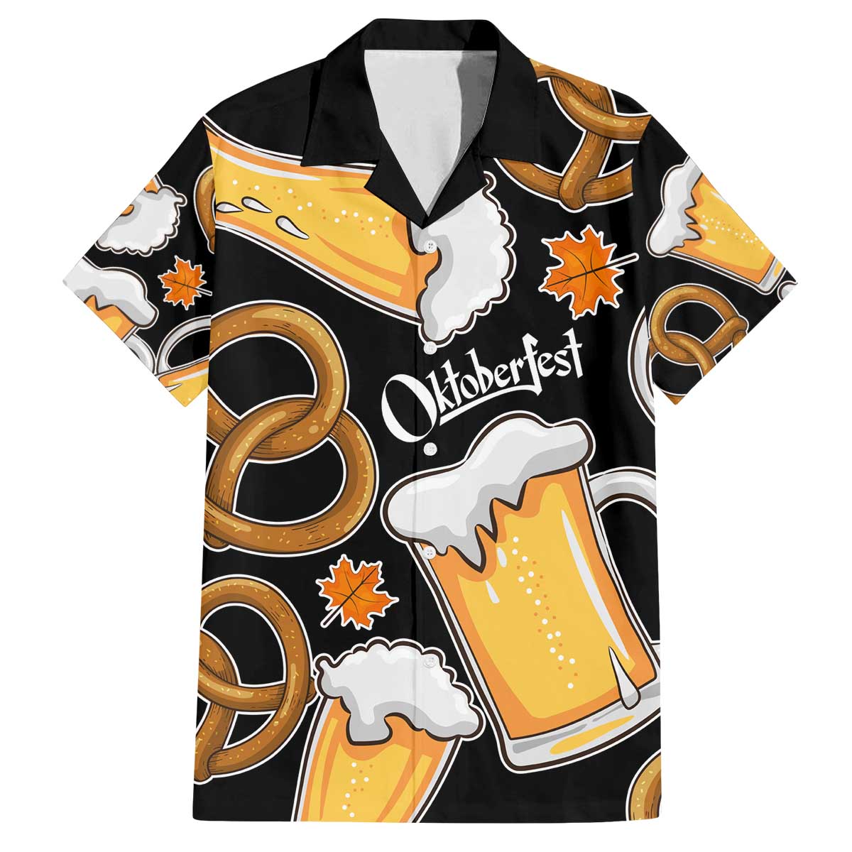 Oktoberfest Family Matching Off The Shoulder Long Sleeve Dress and Hawaiian Shirt with Beer Mug and Pretzel Illustration Black Festive - Wonder Print Shop