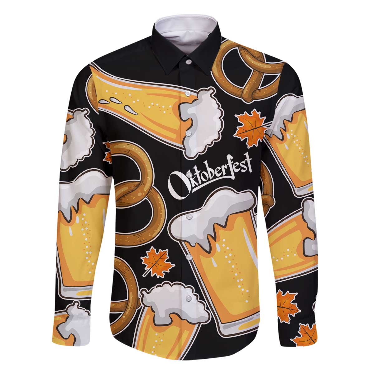 Oktoberfest Family Matching Off The Shoulder Long Sleeve Dress and Hawaiian Shirt with Beer Mug and Pretzel Illustration Black Festive - Wonder Print Shop