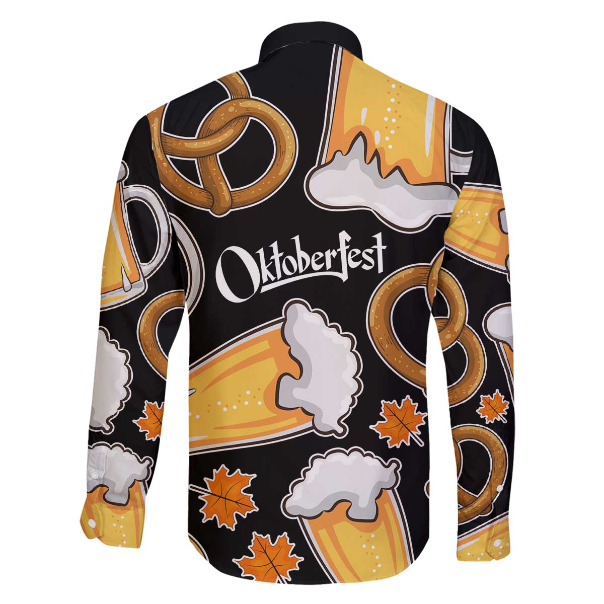 Oktoberfest Family Matching Off The Shoulder Long Sleeve Dress and Hawaiian Shirt with Beer Mug and Pretzel Illustration Black Festive - Wonder Print Shop