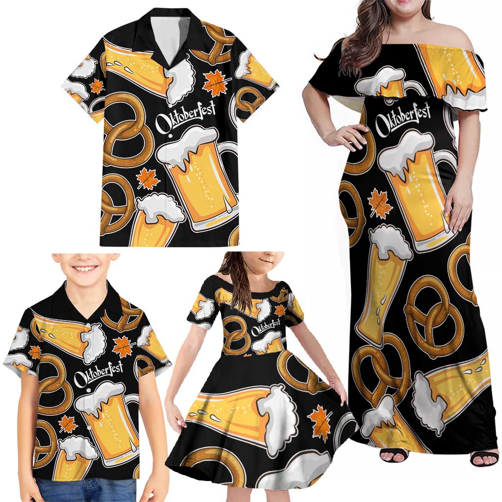 Oktoberfest Family Matching Off Shoulder Maxi Dress and Hawaiian Shirt with Beer Mug and Pretzel Illustration Black Festive - Wonder Print Shop