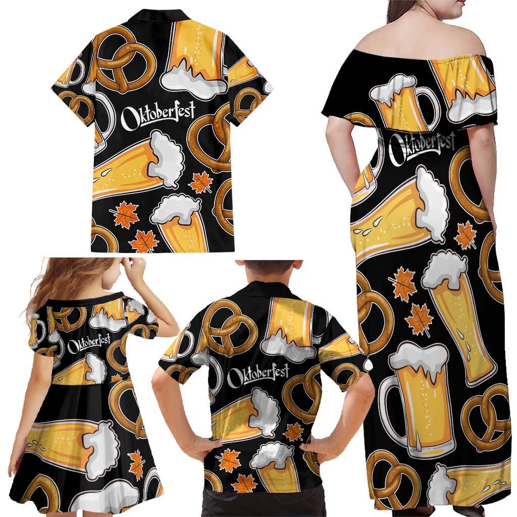 Oktoberfest Family Matching Off Shoulder Maxi Dress and Hawaiian Shirt with Beer Mug and Pretzel Illustration Black Festive - Wonder Print Shop