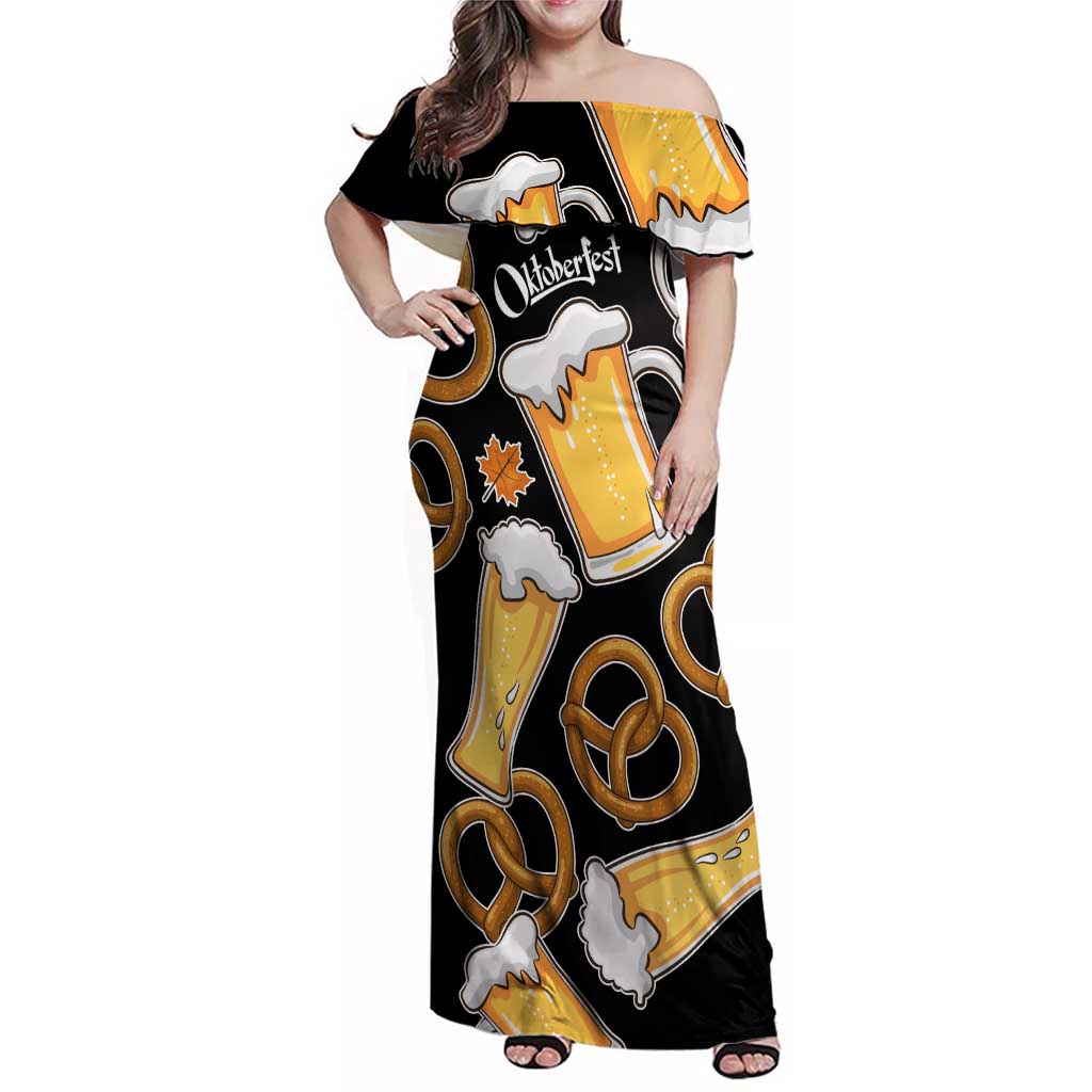 Oktoberfest Family Matching Off Shoulder Maxi Dress and Hawaiian Shirt with Beer Mug and Pretzel Illustration Black Festive - Wonder Print Shop