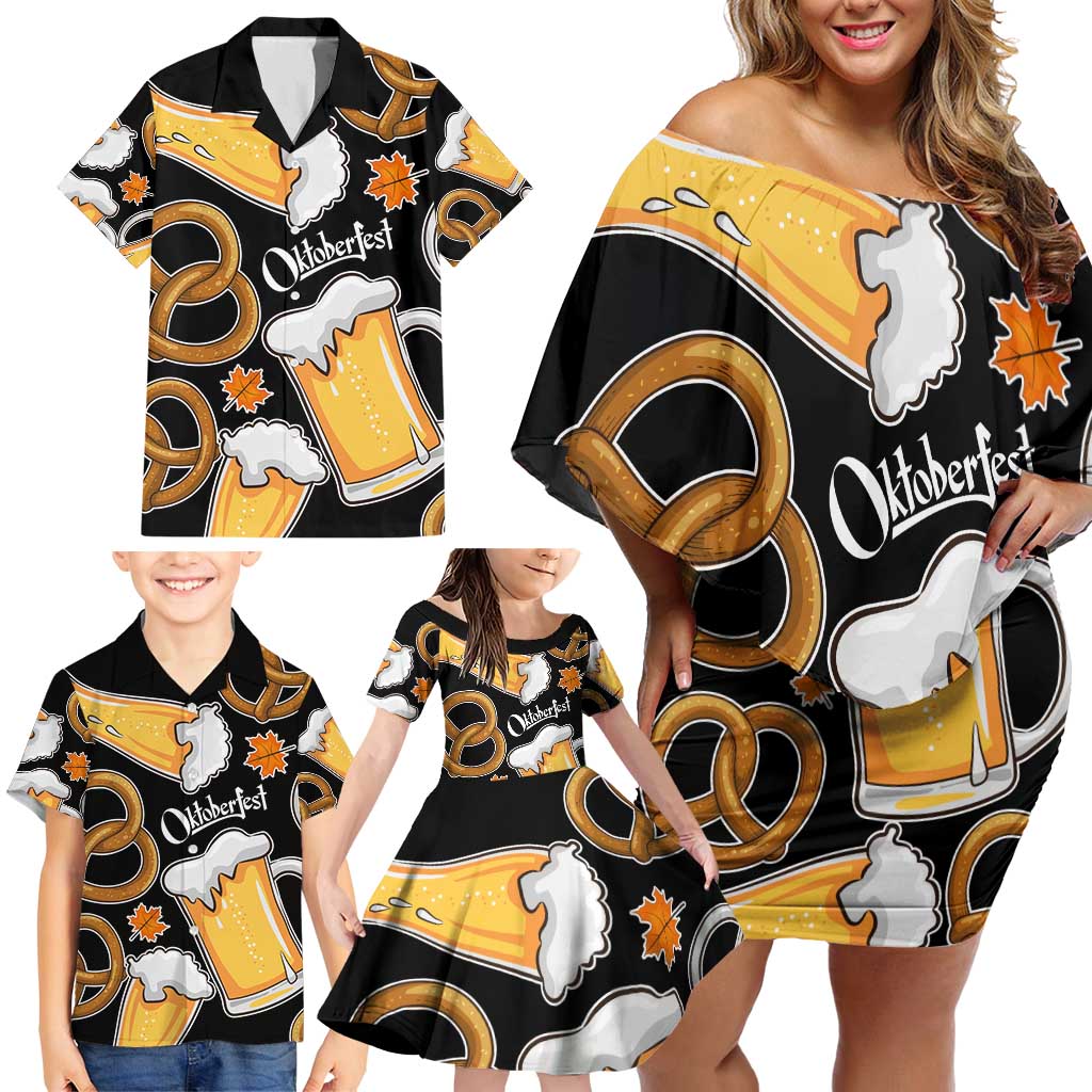 Oktoberfest Family Matching Off Shoulder Short Dress and Hawaiian Shirt with Beer Mug and Pretzel Illustration Black Festive - Wonder Print Shop