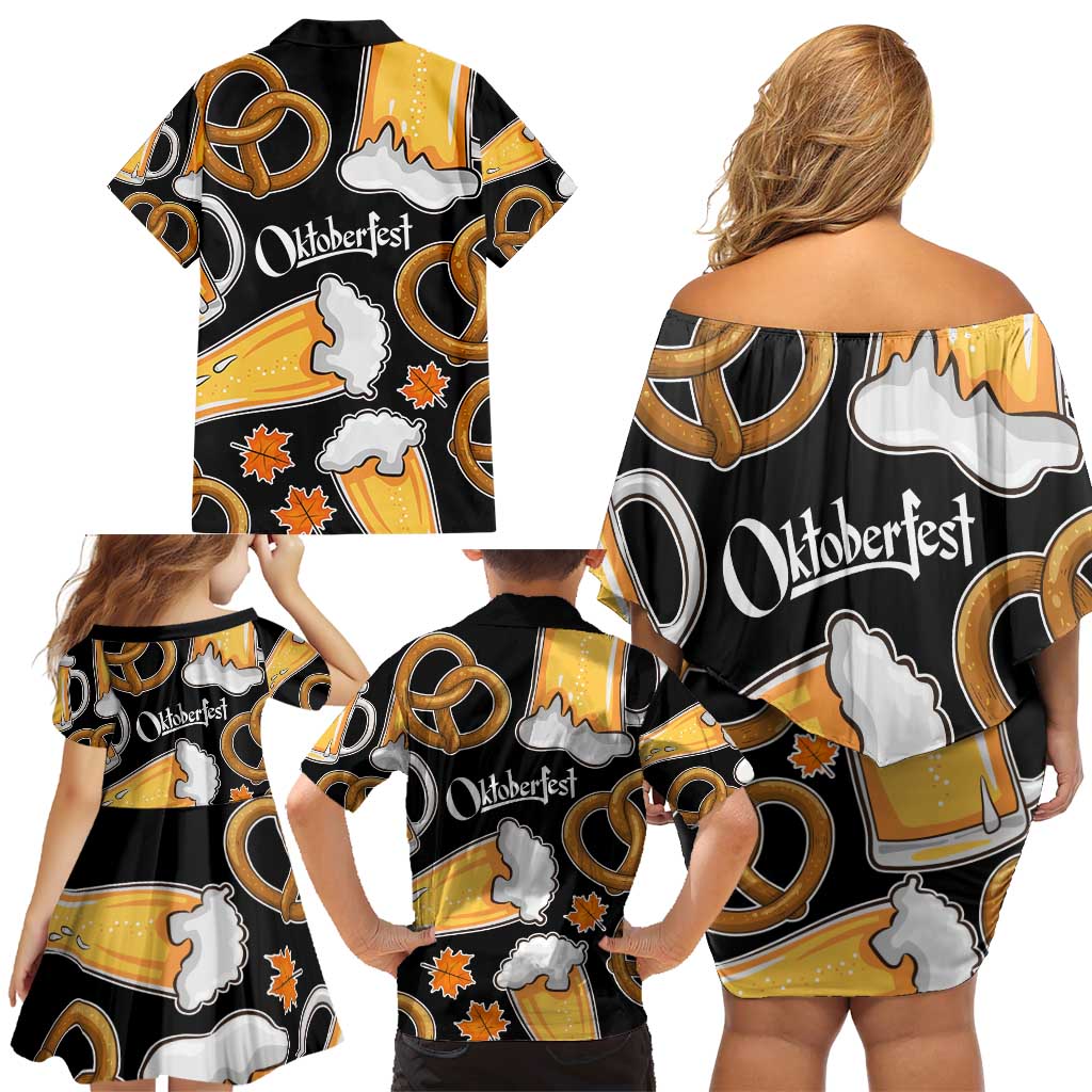 Oktoberfest Family Matching Off Shoulder Short Dress and Hawaiian Shirt with Beer Mug and Pretzel Illustration Black Festive - Wonder Print Shop