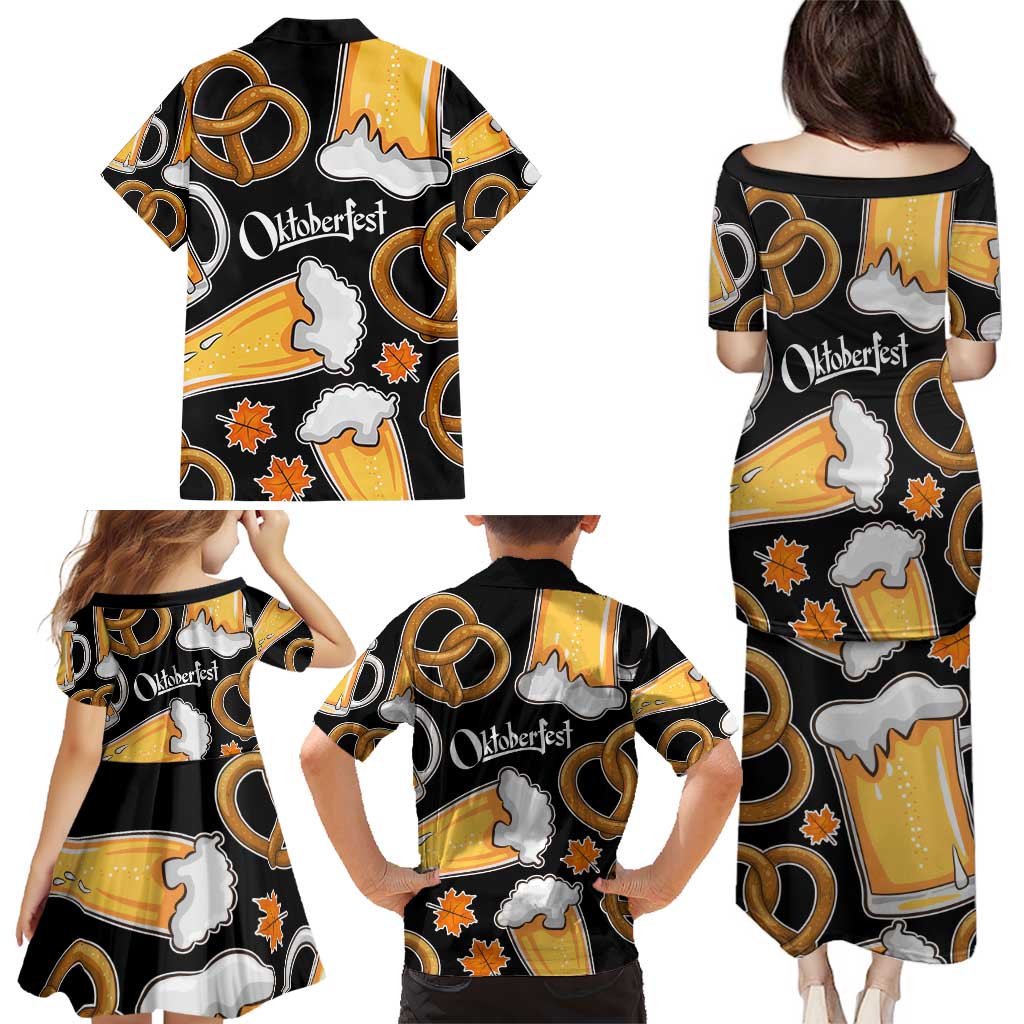 Oktoberfest Family Matching Puletasi and Hawaiian Shirt with Beer Mug and Pretzel Illustration Black Festive - Wonder Print Shop