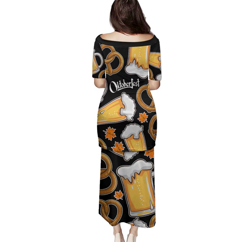 Oktoberfest Family Matching Puletasi and Hawaiian Shirt with Beer Mug and Pretzel Illustration Black Festive - Wonder Print Shop