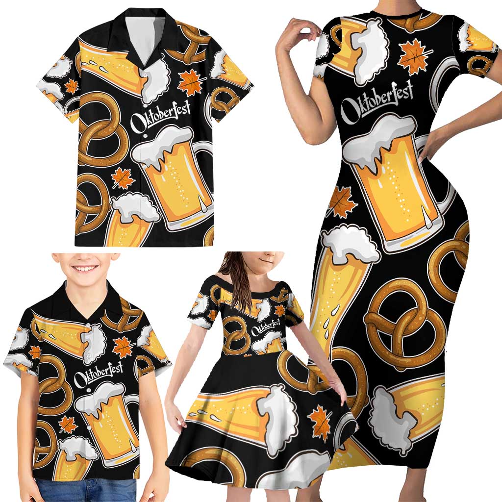 Oktoberfest Family Matching Short Sleeve Bodycon Dress and Hawaiian Shirt with Beer Mug and Pretzel Illustration Black Festive - Wonder Print Shop