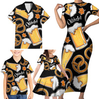 Oktoberfest Family Matching Short Sleeve Bodycon Dress and Hawaiian Shirt with Beer Mug and Pretzel Illustration Black Festive - Wonder Print Shop