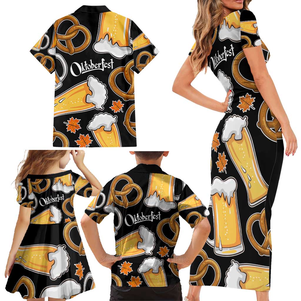 Oktoberfest Family Matching Short Sleeve Bodycon Dress and Hawaiian Shirt with Beer Mug and Pretzel Illustration Black Festive - Wonder Print Shop