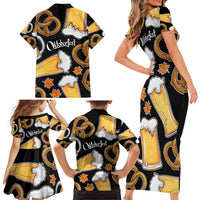 Oktoberfest Family Matching Short Sleeve Bodycon Dress and Hawaiian Shirt with Beer Mug and Pretzel Illustration Black Festive - Wonder Print Shop