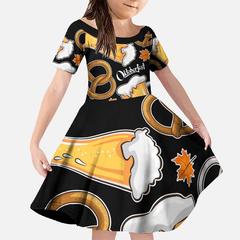 Oktoberfest Family Matching Summer Maxi Dress and Hawaiian Shirt with Beer Mug and Pretzel Illustration Black Festive - Wonder Print Shop