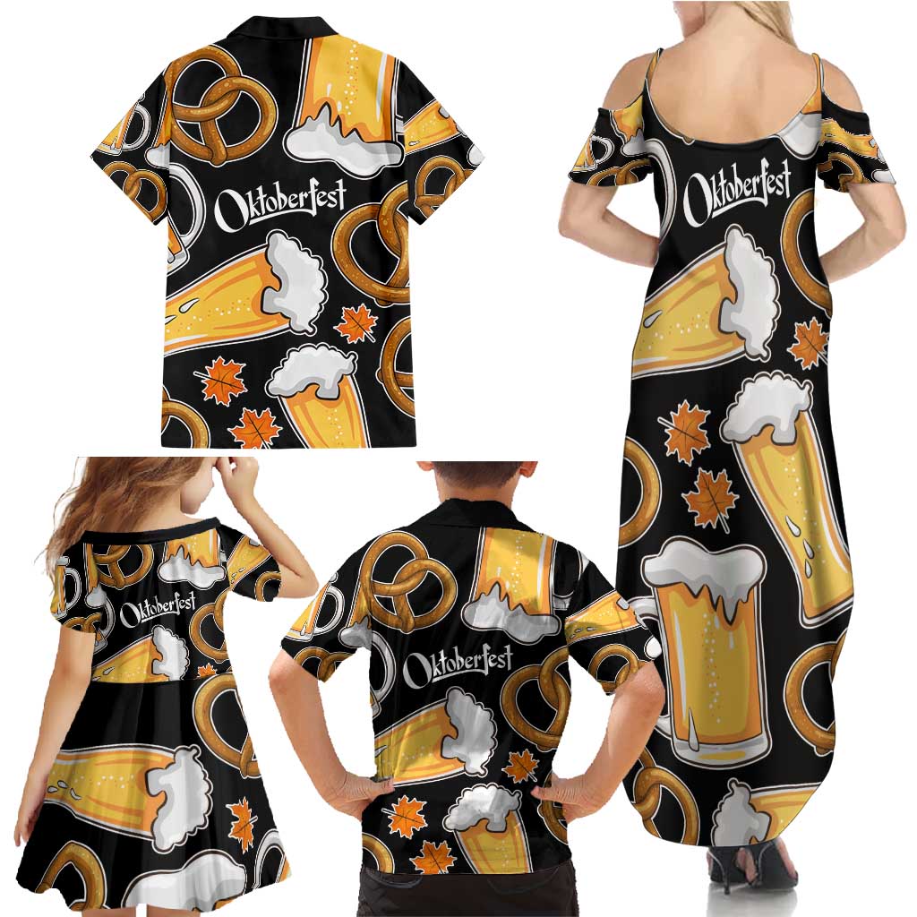 Oktoberfest Family Matching Summer Maxi Dress and Hawaiian Shirt with Beer Mug and Pretzel Illustration Black Festive - Wonder Print Shop