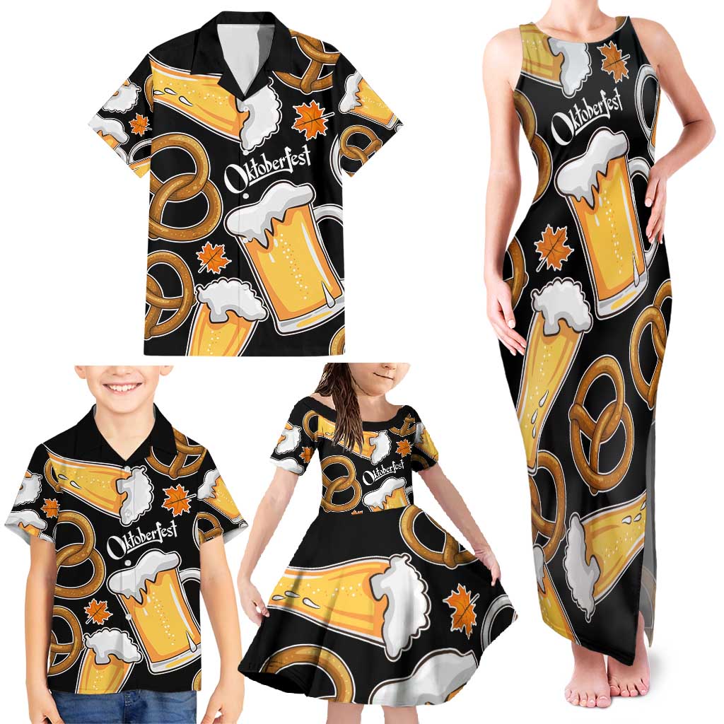 Oktoberfest Family Matching Tank Maxi Dress and Hawaiian Shirt with Beer Mug and Pretzel Illustration Black Festive - Wonder Print Shop