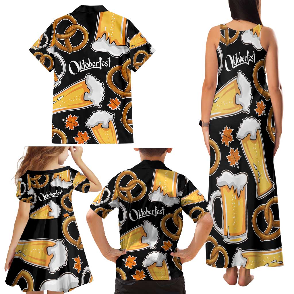 Oktoberfest Family Matching Tank Maxi Dress and Hawaiian Shirt with Beer Mug and Pretzel Illustration Black Festive - Wonder Print Shop