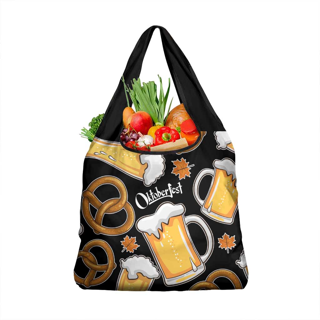 Oktoberfest Grocery Bag with Beer Mug and Pretzel Illustration Black Festive - Wonder Print Shop