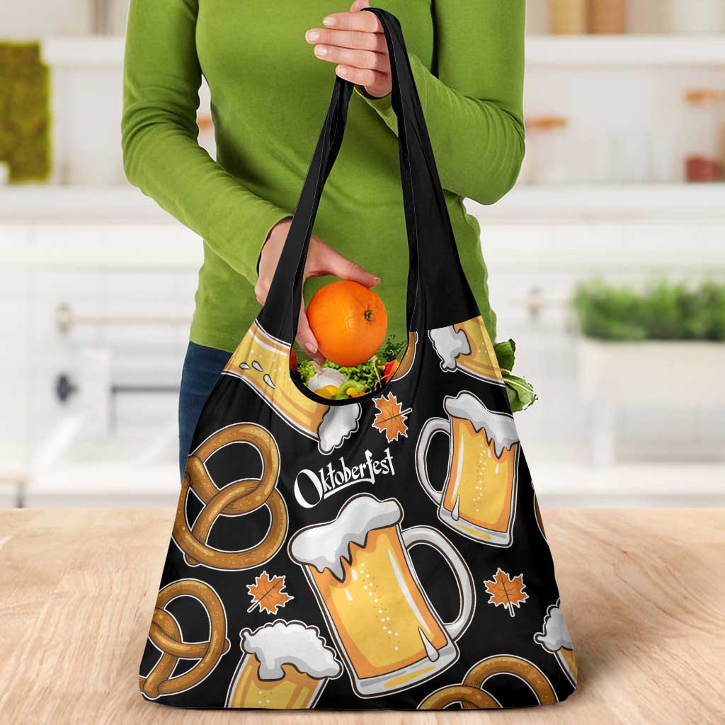 Oktoberfest Grocery Bag with Beer Mug and Pretzel Illustration Black Festive - Wonder Print Shop