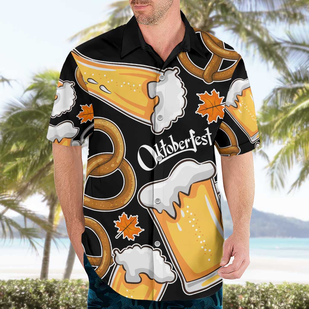 Oktoberfest Hawaiian Shirt with Beer Mug and Pretzel Illustration Black Festive - Wonder Print Shop