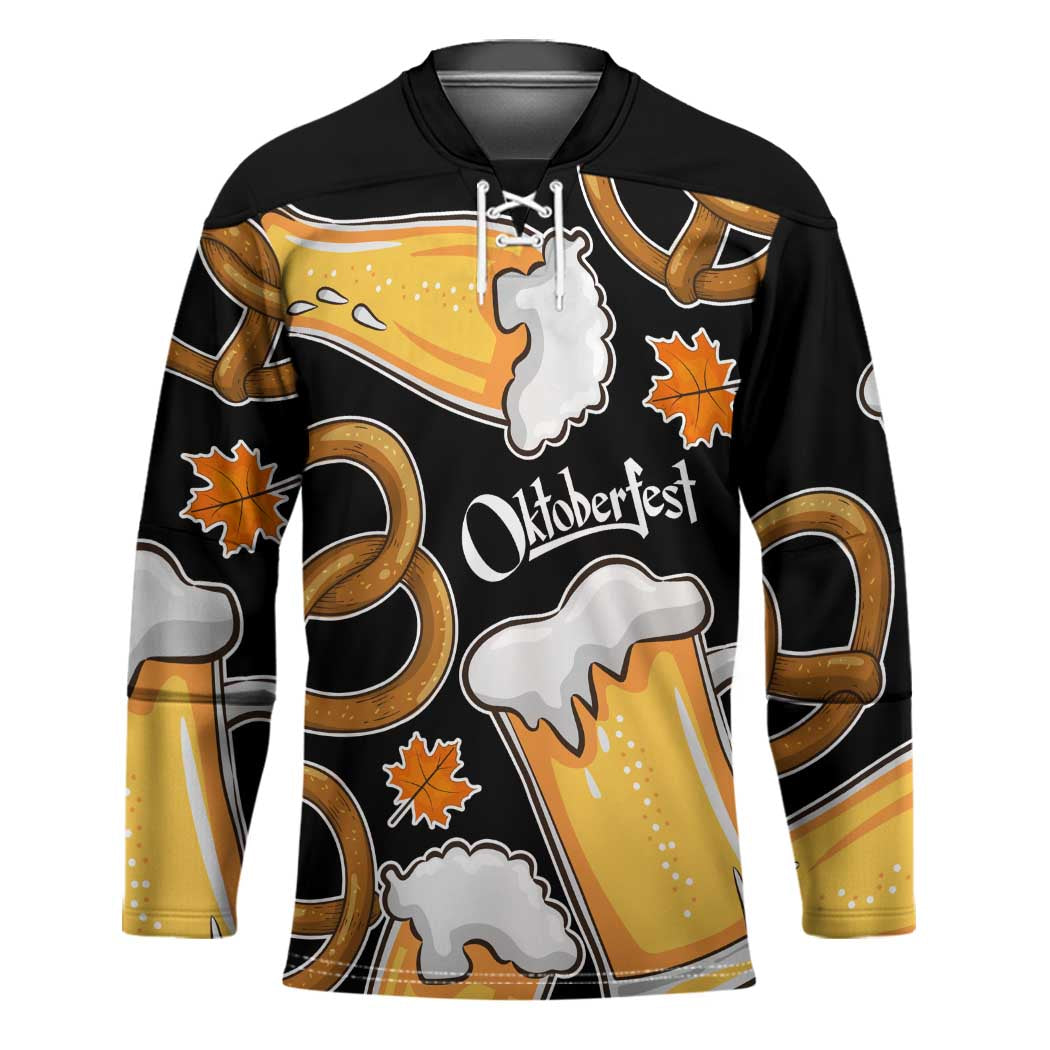 Oktoberfest Hockey Jersey with Beer Mug and Pretzel Illustration Black Festive - Wonder Print Shop