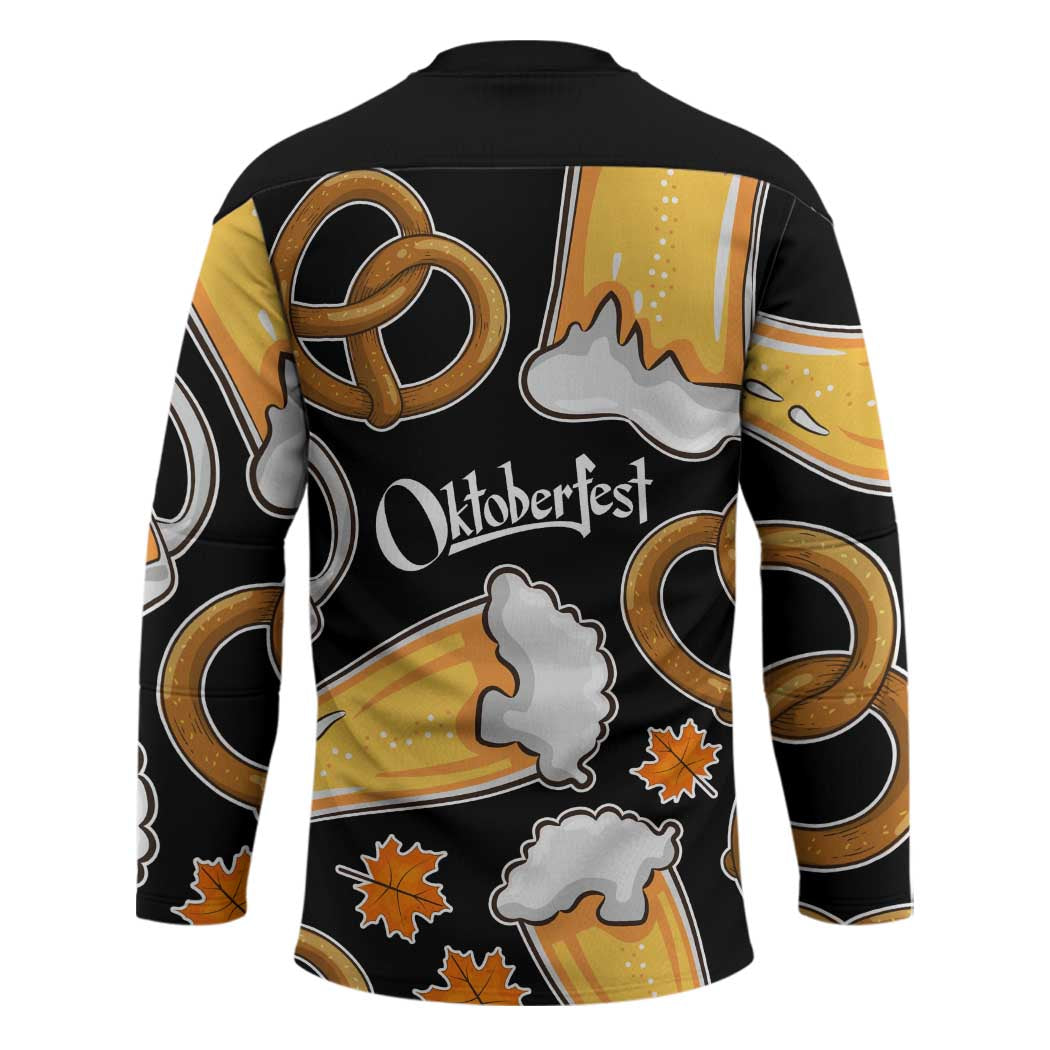 Oktoberfest Hockey Jersey with Beer Mug and Pretzel Illustration Black Festive - Wonder Print Shop