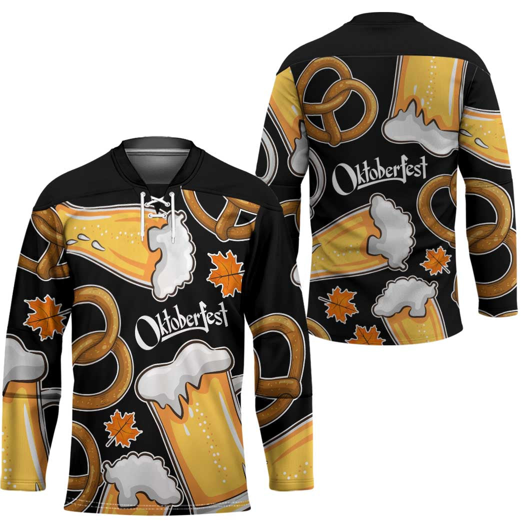 Oktoberfest Hockey Jersey with Beer Mug and Pretzel Illustration Black Festive - Wonder Print Shop