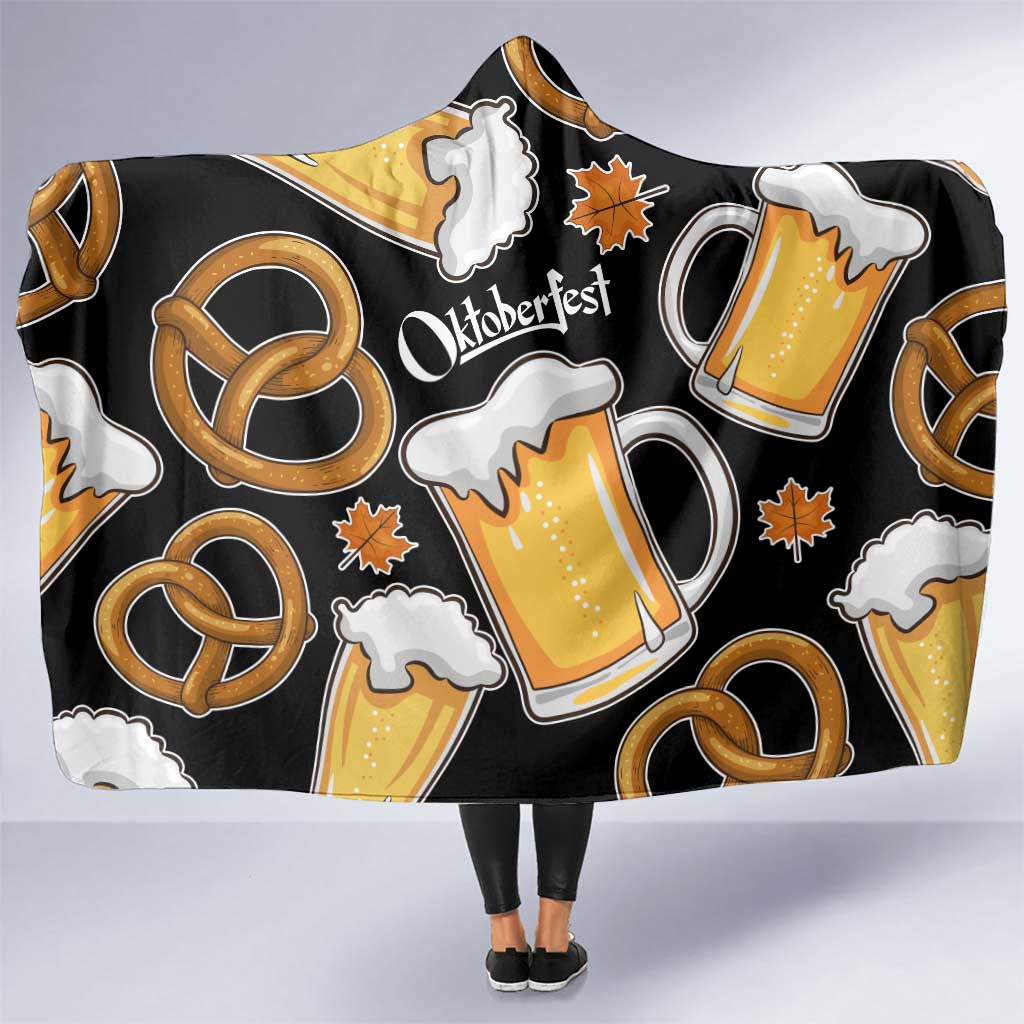 Oktoberfest Hooded Blanket with Beer Mug and Pretzel Illustration Black Festive - Wonder Print Shop
