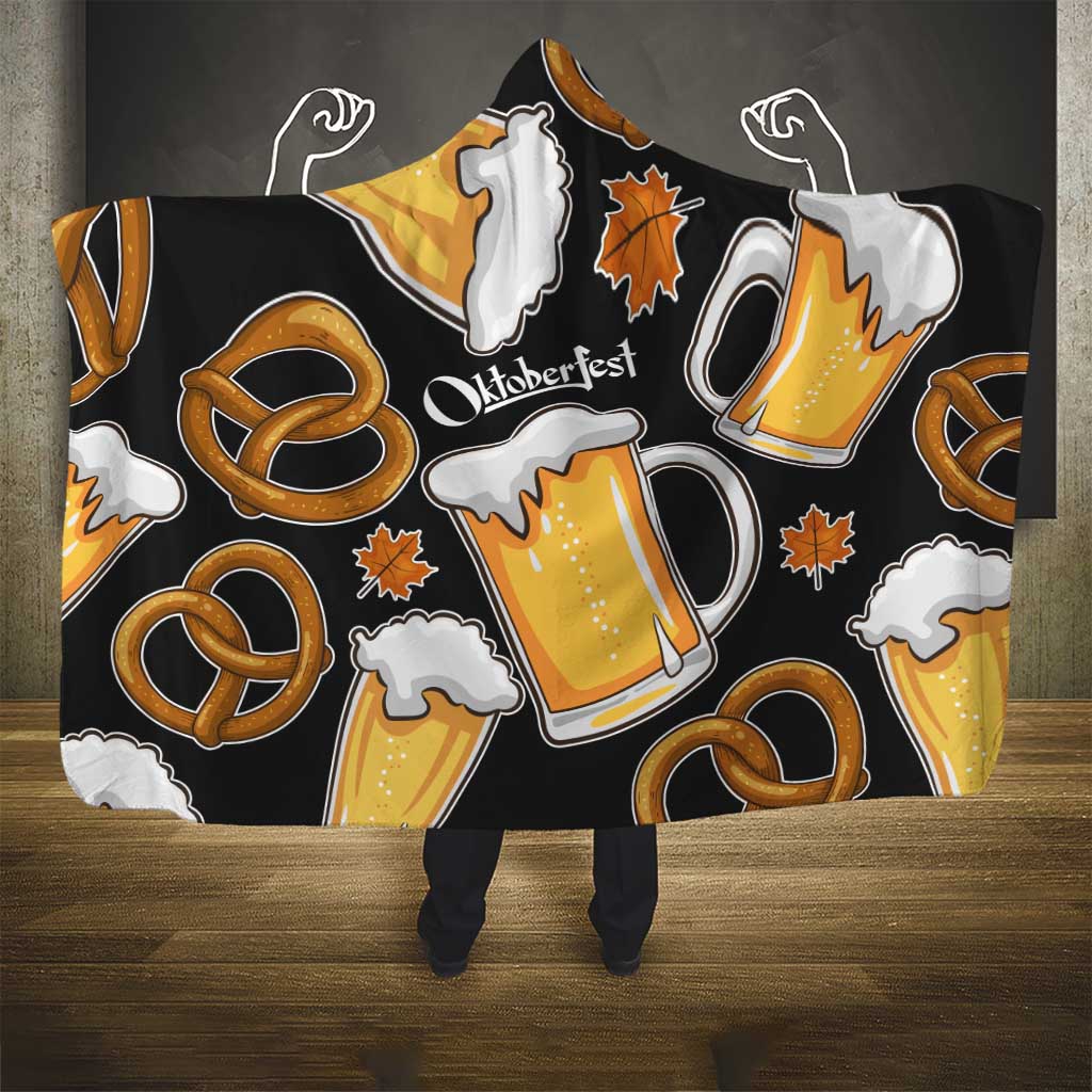 Oktoberfest Hooded Blanket with Beer Mug and Pretzel Illustration Black Festive - Wonder Print Shop
