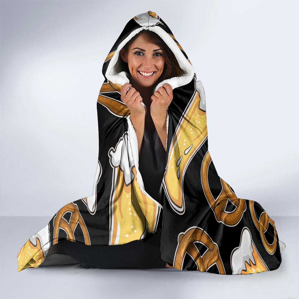 Oktoberfest Hooded Blanket with Beer Mug and Pretzel Illustration Black Festive - Wonder Print Shop