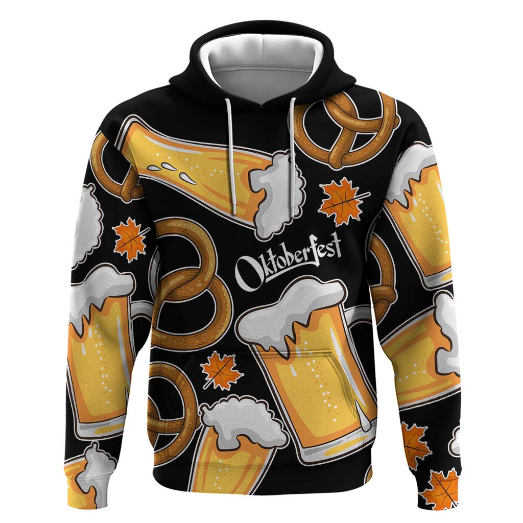 Oktoberfest Hoodie with Beer Mug and Pretzel Illustration Black Festive - Wonder Print Shop