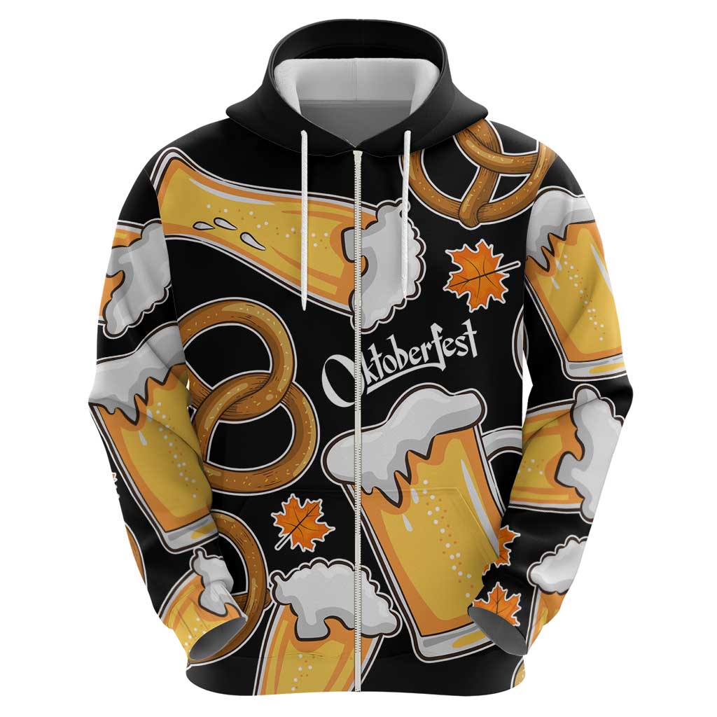 Oktoberfest Hoodie with Beer Mug and Pretzel Illustration Black Festive - Wonder Print Shop