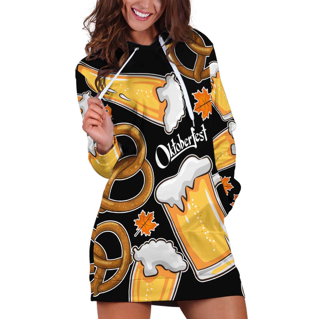 Oktoberfest Hoodie Dress with Beer Mug and Pretzel Illustration Black Festive - Wonder Print Shop