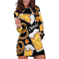 Oktoberfest Hoodie Dress with Beer Mug and Pretzel Illustration Black Festive - Wonder Print Shop