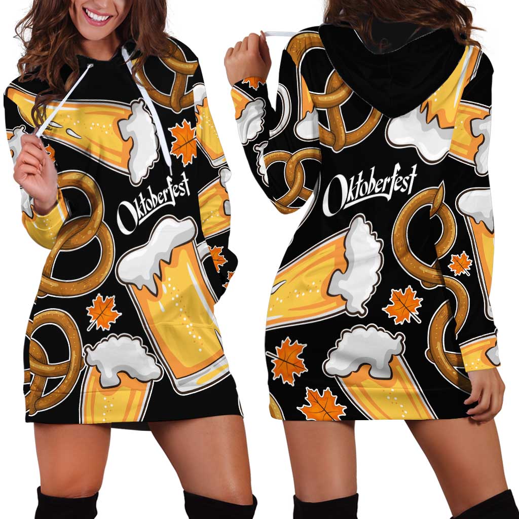 Oktoberfest Hoodie Dress with Beer Mug and Pretzel Illustration Black Festive - Wonder Print Shop